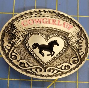 COWGIRL UP in Pink Western Buckle Unisex Brand New Silver